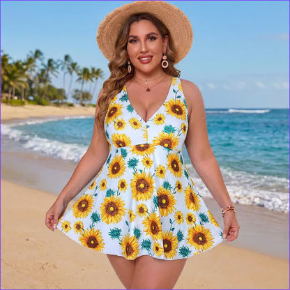 Plus Size bedrucktes Badekleid mit Ringträgern - Gelb - 5XL - image 5