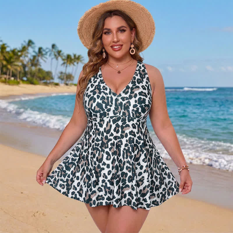 Plus Size bedrucktes Badekleid mit Ringträgern - Schwarz - 5XL - image 0