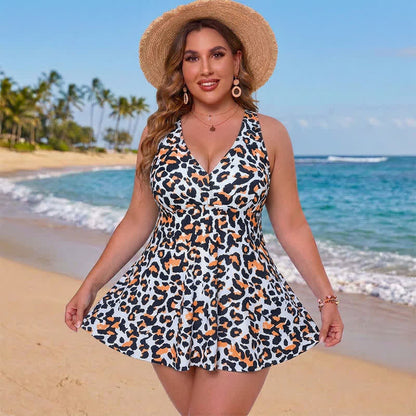 Badekleid mit Leoparden- und Blumenmuster und Empire-Taille - Hellgrau - 5XL - image 0