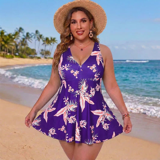 Badekleid mit Blumen- und Polka-Dot-Muster und V-Ausschnitt - Blau - 5XL - image 0