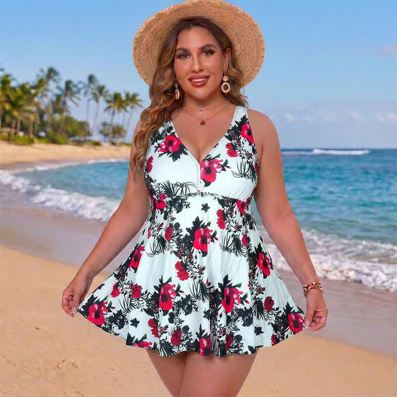 Badekleid mit Blumen- und Polka-Dot-Muster und V-Ausschnitt - Weiß - 5XL - image 4