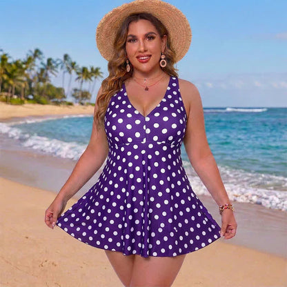 Badekleid mit Blumen- und Polka-Dot-Muster und V-Ausschnitt - Lila - 5XL - image 2