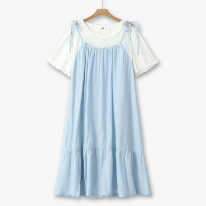 Plus Size Schleifenträger Zweiteiliges Midi-Kleid aus Kunstleder - Blau - 6XL - image 0