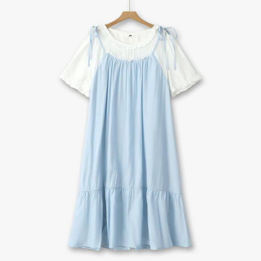 Plus Size Schleifenträger Zweiteiliges Midi-Kleid aus Kunstleder - Blau - 6XL - image 0