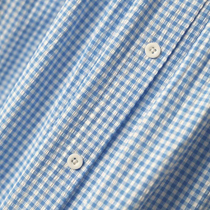 Plus Size blaue Vichy-Karo-Bluse mit kurzen Ärmeln und Lochstickerei - image 4