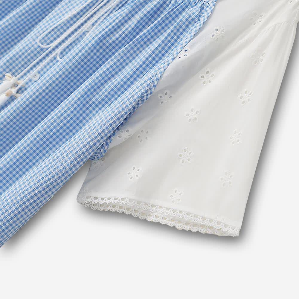 Plus Size blaue Vichy-Karo-Bluse mit kurzen Ärmeln und Lochstickerei - image 2