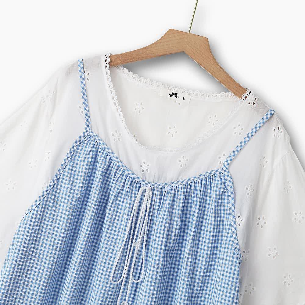 Plus Size blaue Vichy-Karo-Bluse mit kurzen Ärmeln und Lochstickerei - image 1