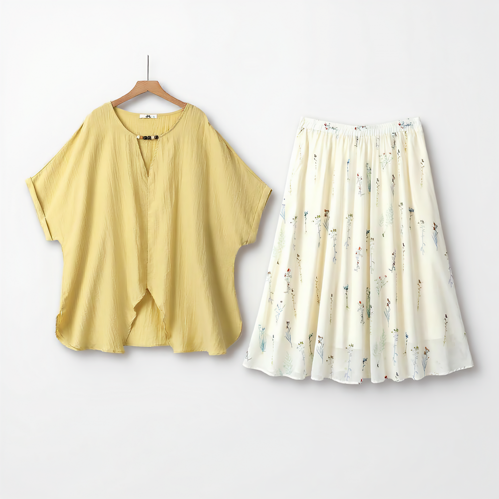 Gelbes, locker sitzendes Oberteil mit Blumenmuster und passender zweiteiliger Rock - 2-teiliges Set - 6XL - image 0