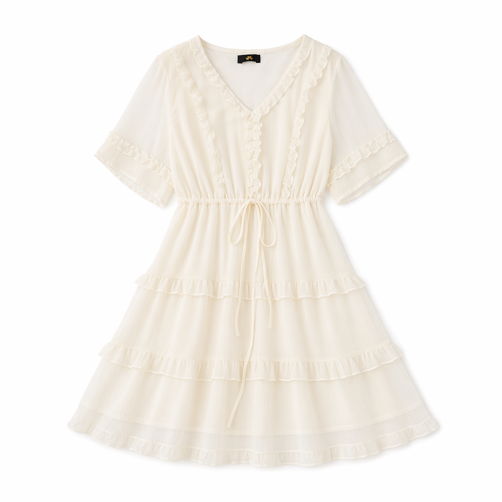 Elegantes Midikleid in Übergröße mit V-Ausschnitt, Rüschen und Bindegürtel - Beige - 7XL - image 7