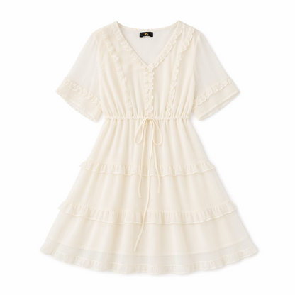 Elegantes Midikleid in Übergröße mit V-Ausschnitt, Rüschen und Bindegürtel - Beige - 7XL - image 7