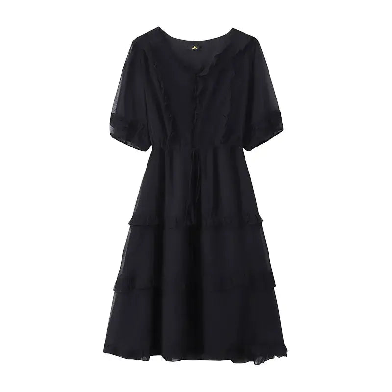 Elegantes Midikleid in Übergröße mit V-Ausschnitt, Rüschen und Bindegürtel - Schwarz - 7XL - image 8