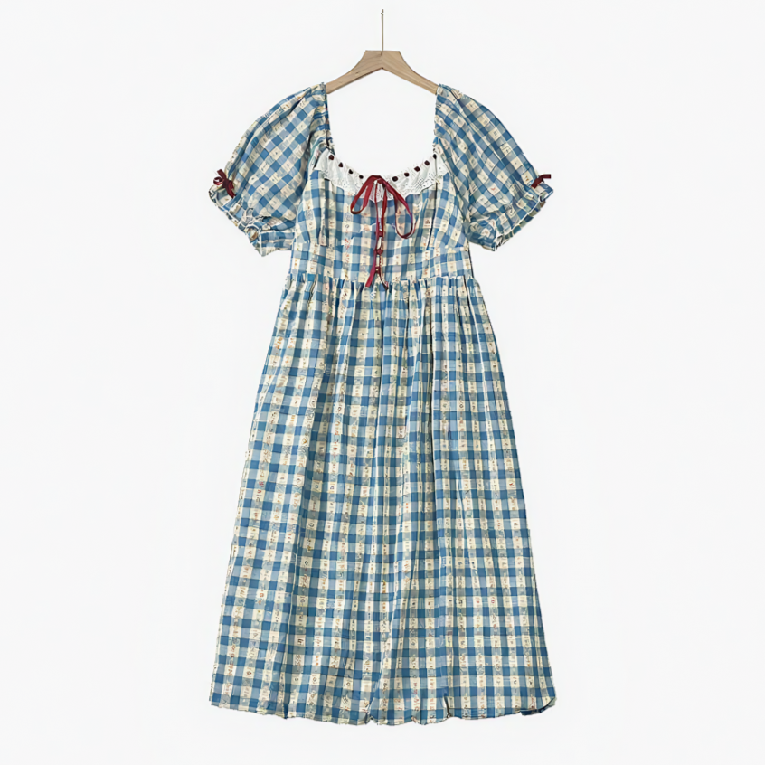 Plus Size blaues Vichy-Karo-Midikleid mit eckigem Ausschnitt und Puffärmeln - Blau - 6XL - image 0