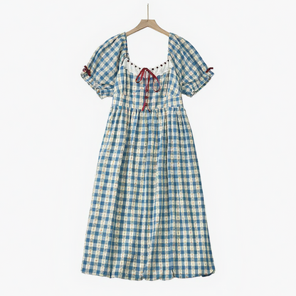 Plus Size blaues Vichy-Karo-Midikleid mit eckigem Ausschnitt und Puffärmeln - Blau - 6XL - image 0