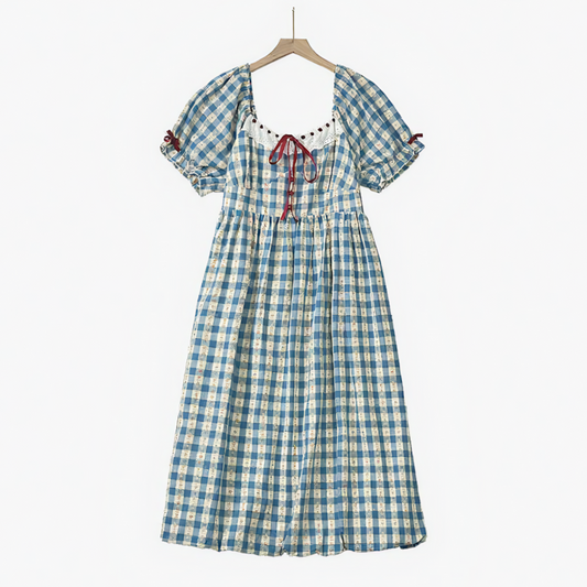 Plus Size blaues Vichy-Karo-Midikleid mit eckigem Ausschnitt und Puffärmeln - Blau - 6XL - image 0