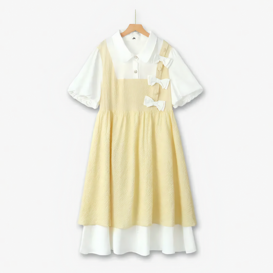 Süßes, mit Schleife verziertes, gerafftes Midikleid im Zweiteiler-Stil - Gelb - 6XL - image 0