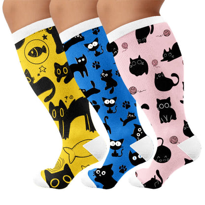 Plus Size Color Pop Cat Kompressionsstrümpfe - Mehrfarbig (3 Paare) - 4XL - image 4