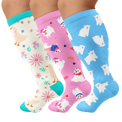 Kompressionsstrümpfe in Übergröße mit Cartoon-Blumen- und Tiermotiven - Mehrfarbig (3 Paare) - 4XL - image 4