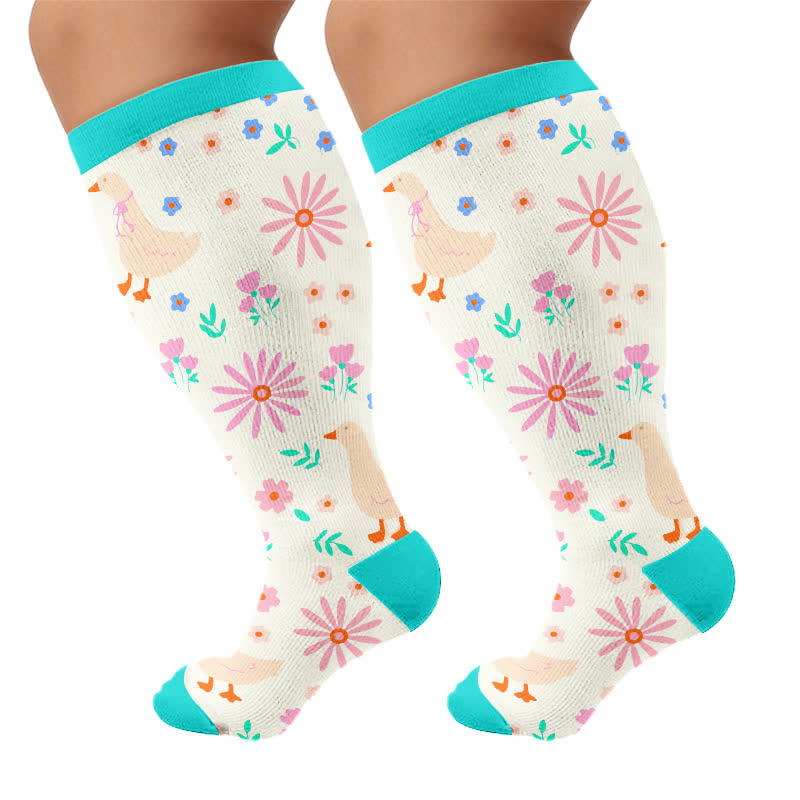 Kompressionsstrümpfe in Übergröße mit Cartoon-Blumen- und Tiermotiven - Grün (1 Paar) - 4XL - image 8