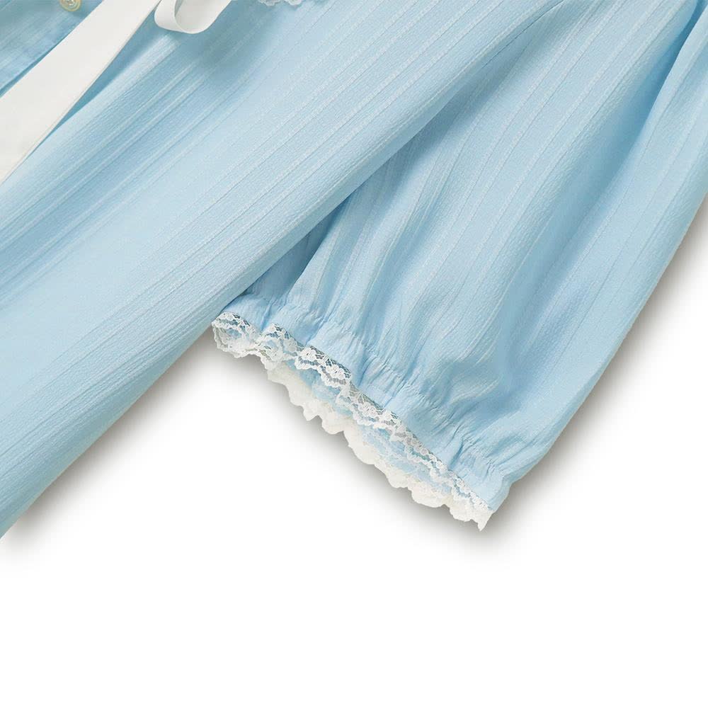 Plus Size Kleid in Blau mit Kontrastkragen, Schleife und Rüschensaum - image 3