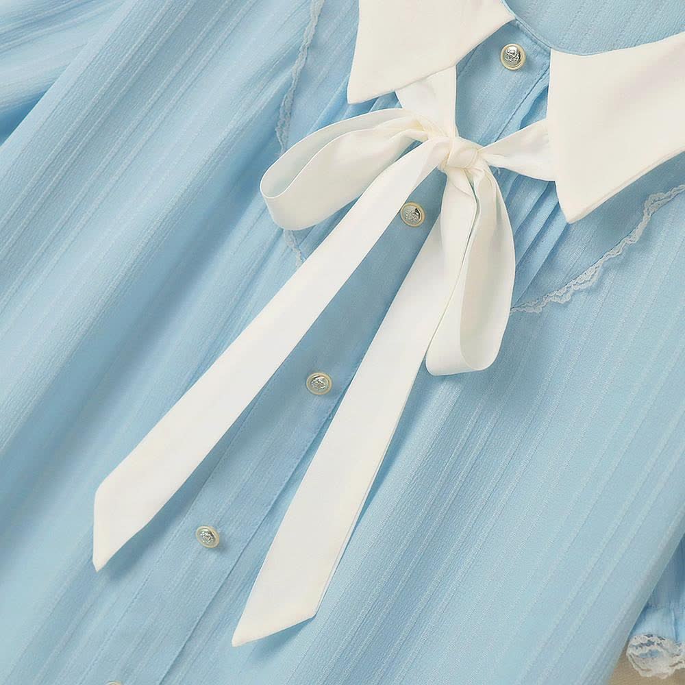 Plus Size Kleid in Blau mit Kontrastkragen, Schleife und Rüschensaum - image 4
