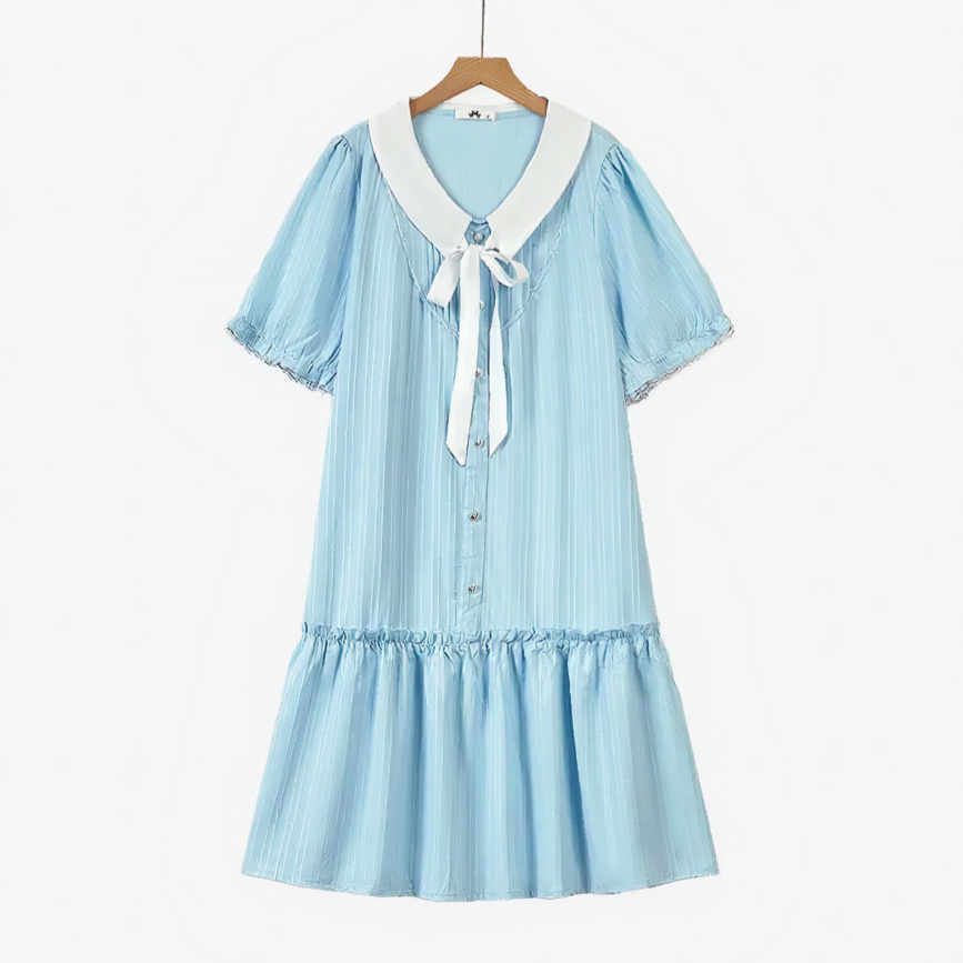 Plus Size Kleid in Blau mit Kontrastkragen, Schleife und Rüschensaum - Blau - 6XL - image 0