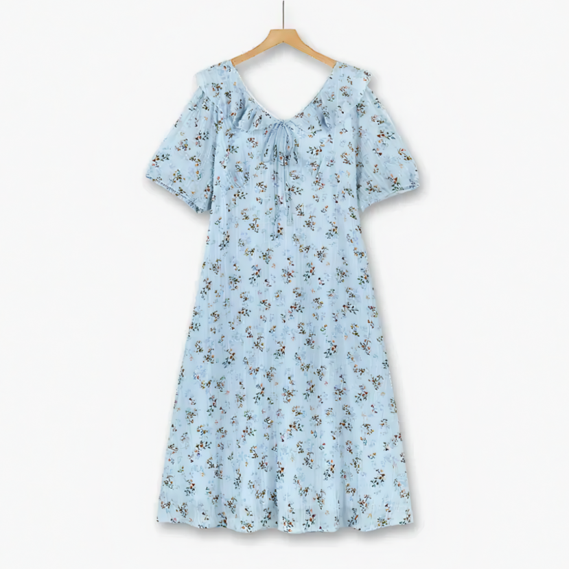 Plus Size blaues Midikleid mit Blumenmuster und Puffärmeln - Blau - 6XL - image 0