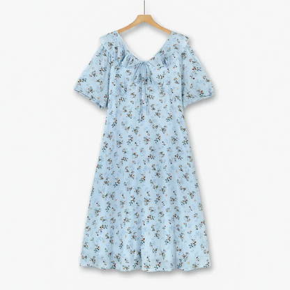 Plus Size blaues Midikleid mit Blumenmuster und Puffärmeln - Blau - 6XL - image 0