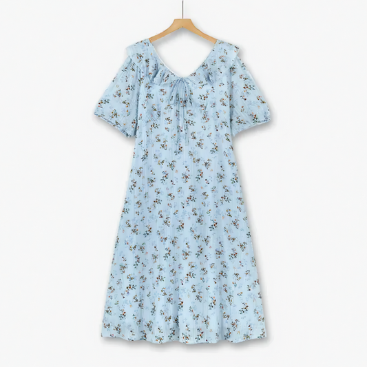 Plus Size blaues Midikleid mit Blumenmuster und Puffärmeln - Blau - 6XL - image 0
