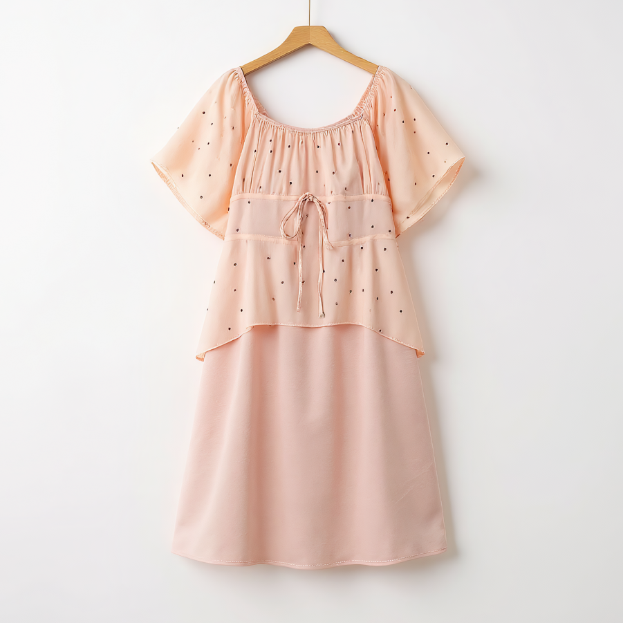Rosafarbenes Chiffonkleid mit Polka-Dots und Lagenlook sowie Bindegürtel - Rosa - 6XL - image 0