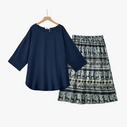 Plus Size marineblaues Oberteil mit Tiermuster-Kleid-Set - 2-teiliges Set - 6XL - image 0