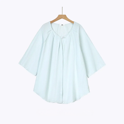 Set aus einfarbigem, locker sitzendem Oberteil und Rock aus Baumwollleinen in Übergröße mit Taschen - Bluse - Blau - 6XL - image 18