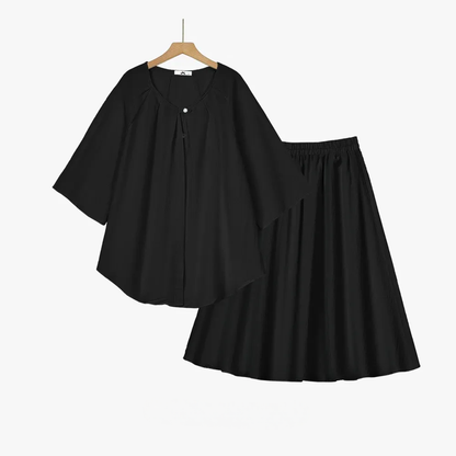 Set aus einfarbigem, locker sitzendem Oberteil und Rock aus Baumwoll-Leinen in großen Größen - 2-teiliges Set - Schwarz - 6XL - image 2