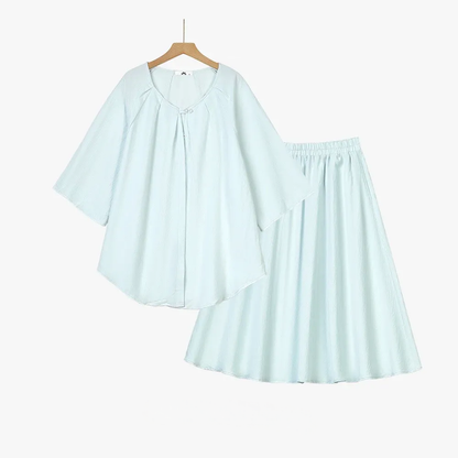 Set aus einfarbigem, locker sitzendem Oberteil und Rock aus Baumwollleinen in Übergröße mit Taschen - 2-teiliges Set - Blau - 6XL - image 0