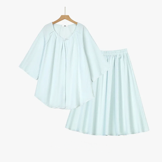 Set aus einfarbigem, locker sitzendem Oberteil und Rock aus Baumwollleinen in Übergröße mit Taschen - 2-teiliges Set - Blau - 6XL - image 0