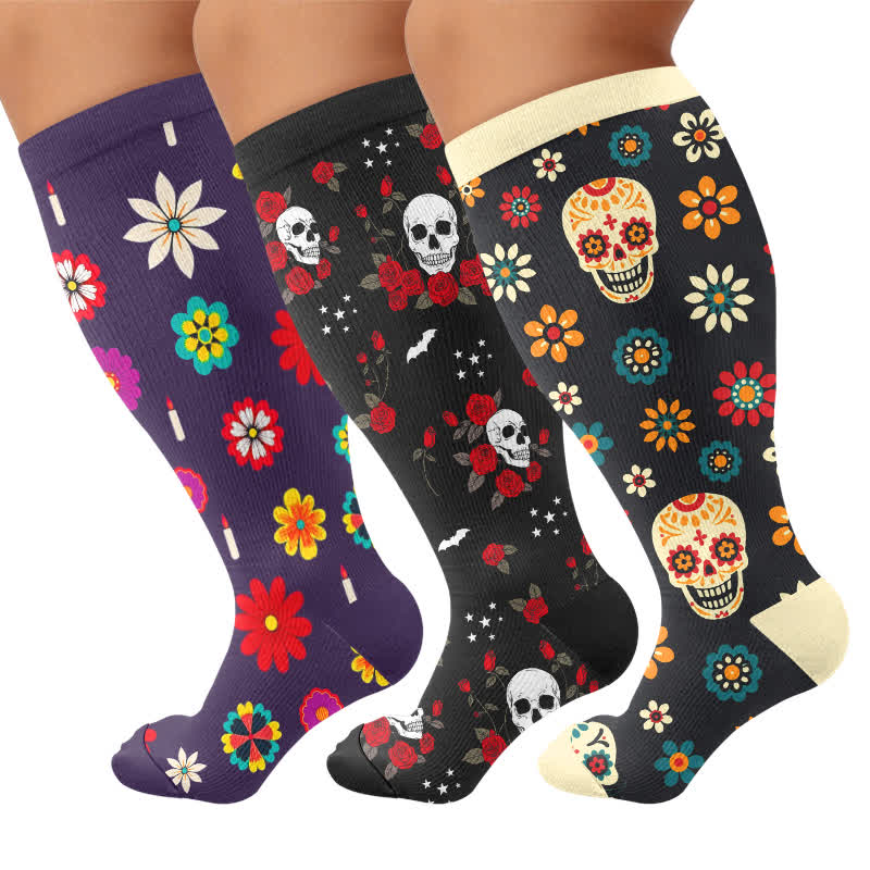 Plus Size Midnight Skull Floral Kompressionsstrümpfe - image 4