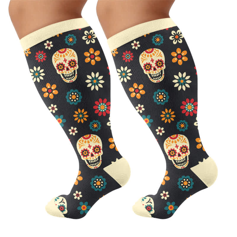 Plus Size Midnight Skull Floral Kompressionsstrümpfe - Dunkelgrün - 4XL - image 10