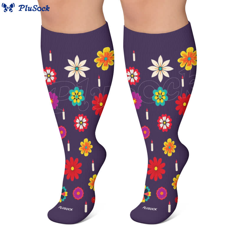 Plus Size Midnight Skull Floral Kompressionsstrümpfe - image 5