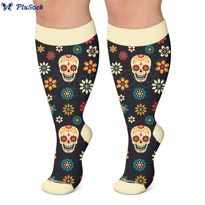 Plus Size Midnight Skull Floral Kompressionsstrümpfe - image 7