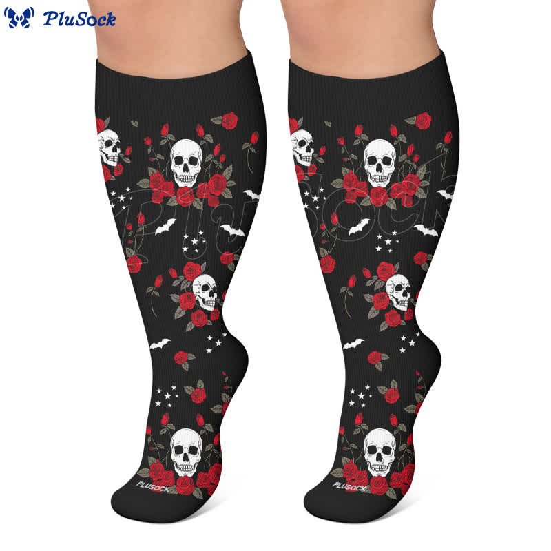 Plus Size Midnight Skull Floral Kompressionsstrümpfe - image 6