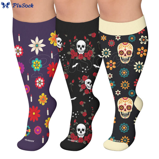 Plus Size Midnight Skull Floral Kompressionsstrümpfe - image 0