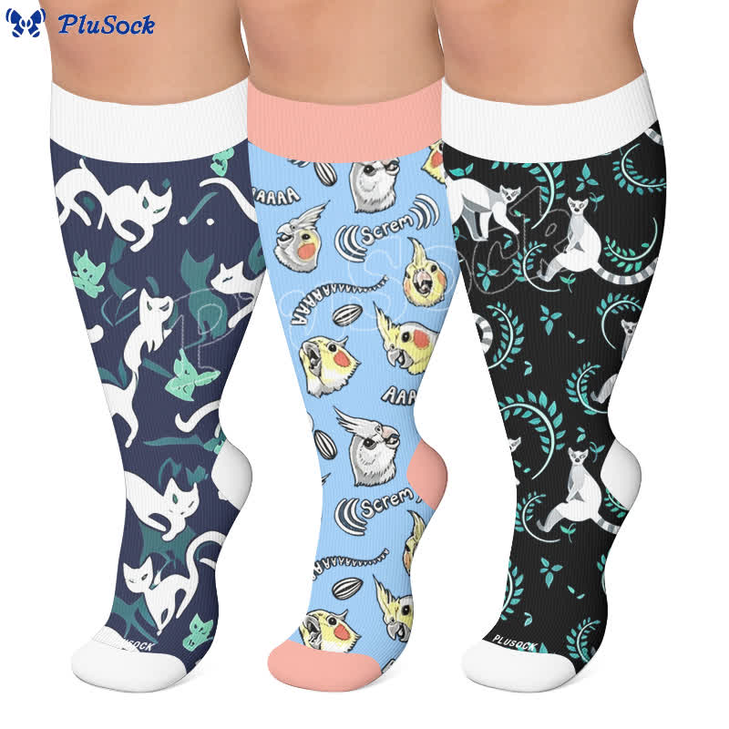 Kompressionsstrümpfe mit Katzen- und Papageienmotiv in Übergröße - image 0