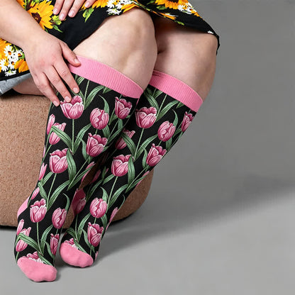 Tulpenblüten-Kompressionsstrümpfe in Übergröße - Schwarz (1 Paar) - 4XL - image 1