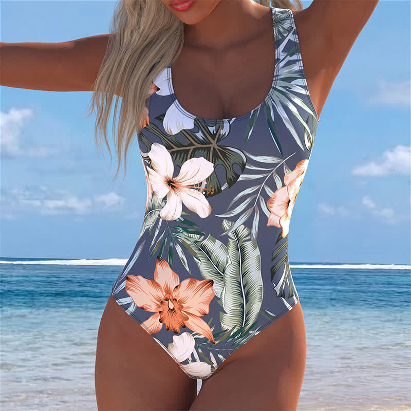 Badeanzug mit breiten Trägern und tropischem Blumenmuster für den Urlaub - Grau - 4XL - image 0