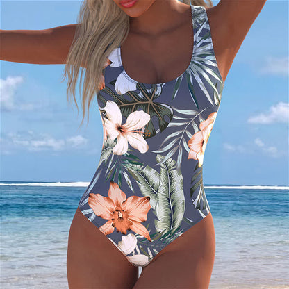 Badeanzug mit breiten Trägern und tropischem Blumenmuster für den Urlaub - Grau - 4XL - image 0