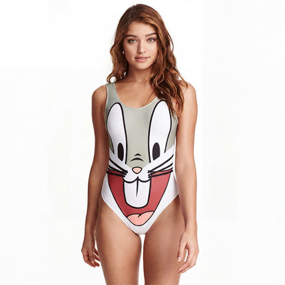 Badeanzug mit Tiger- und Kaninchenmuster und breiten Trägern - Grau - 4XL - image 6