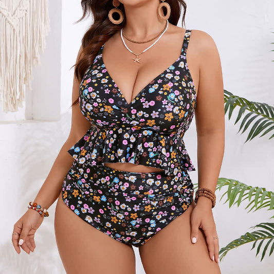 Schwarzes Tankini-Set mit Blumenmuster und Peplum-Schnitt - Schwarz - 5XL - image 0