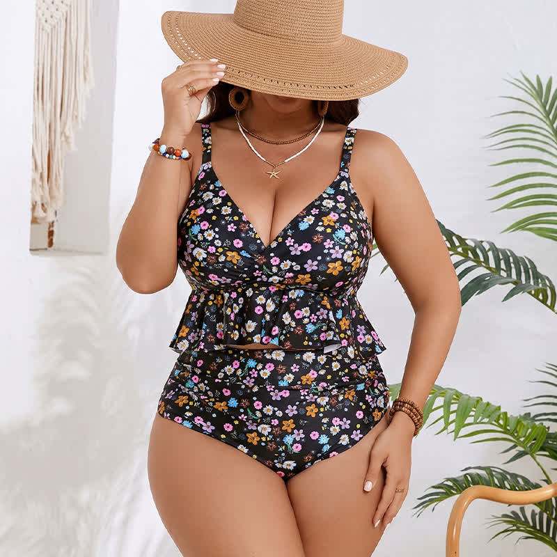 Schwarzes Tankini-Set mit Blumenmuster und Peplum-Schnitt - image 1