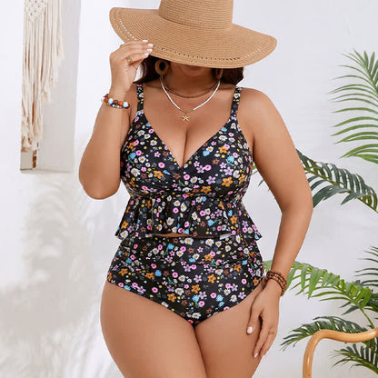Schwarzes Tankini-Set mit Blumenmuster und Peplum-Schnitt - image 1