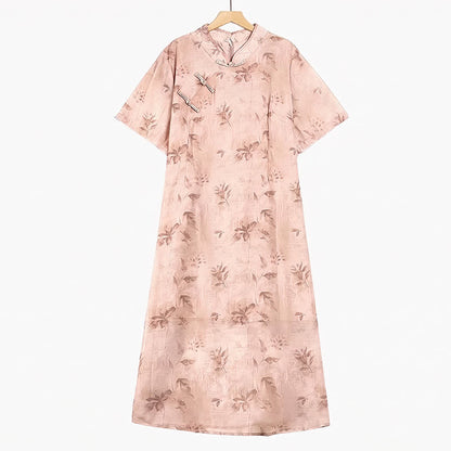 Midikleid mit Blumenmuster, Stehkragen und kurzen Ärmeln - Rosa - 6XL - image 0