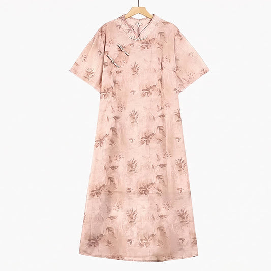 Midikleid mit Blumenmuster, Stehkragen und kurzen Ärmeln - Rosa - 6XL - image 0